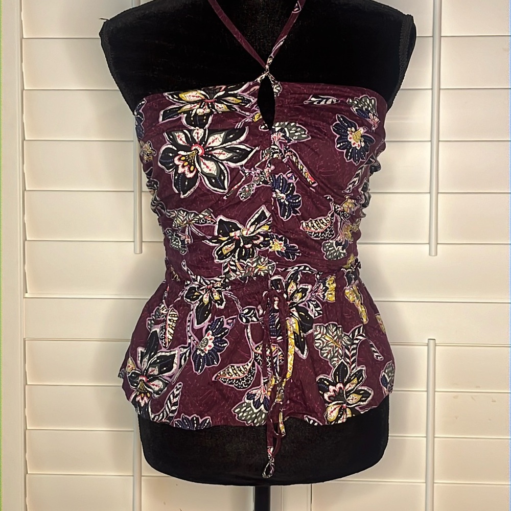 Like New Loft Burgundy With Flowers Halter Top Small